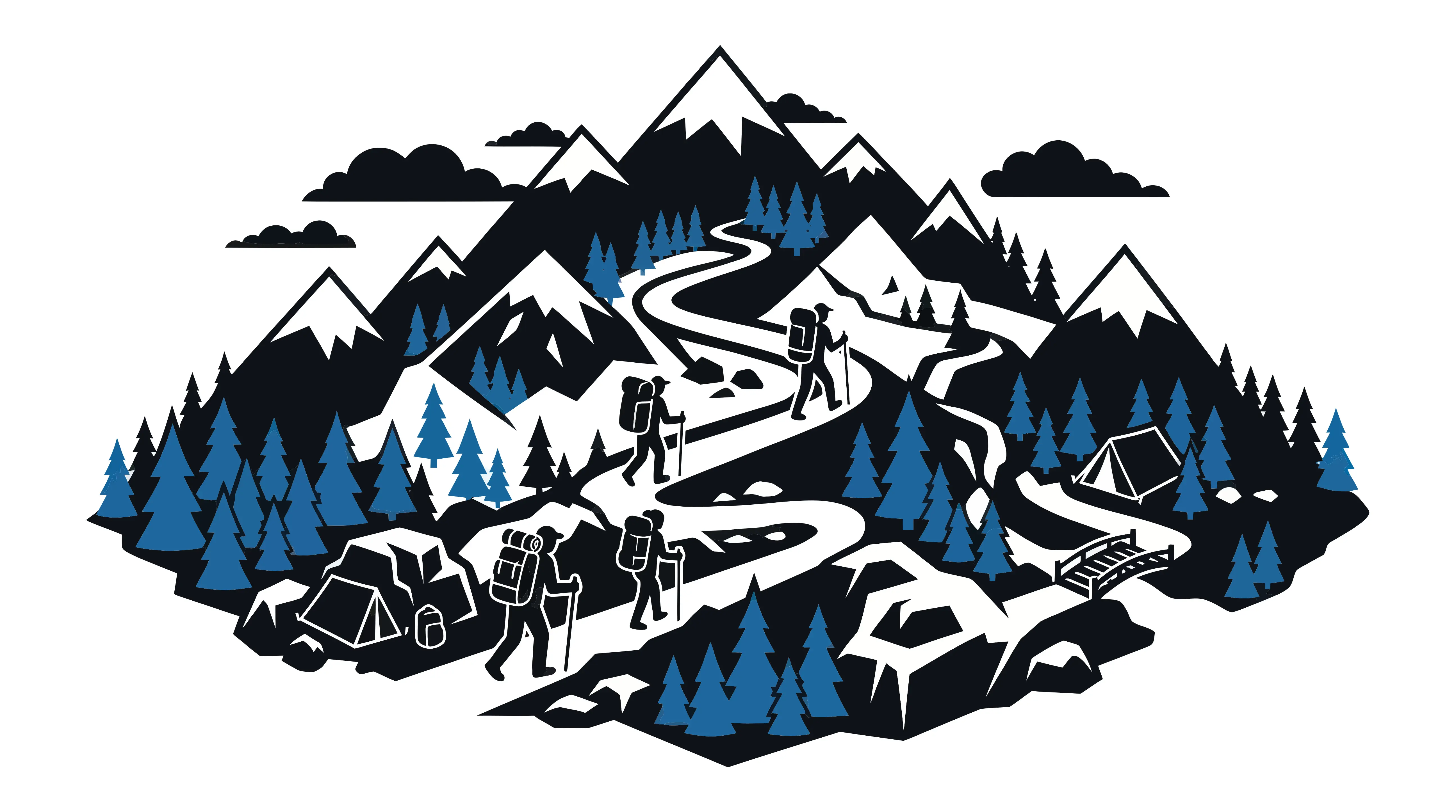 Mountain trail with hikers and camping tents
